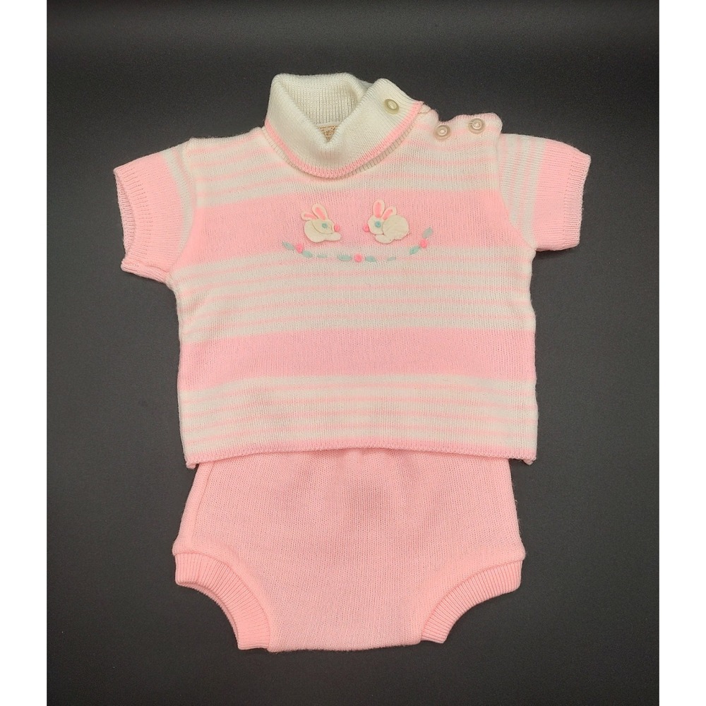 Vintage Novelty Knit Pink White Striped Bunny Applique Sweater Bloomer Set 0-3M